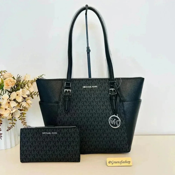Michael Kors Purse & wallet Charlotte Top Zip Tote shoulder bag black signature - Picture 1 of 11
